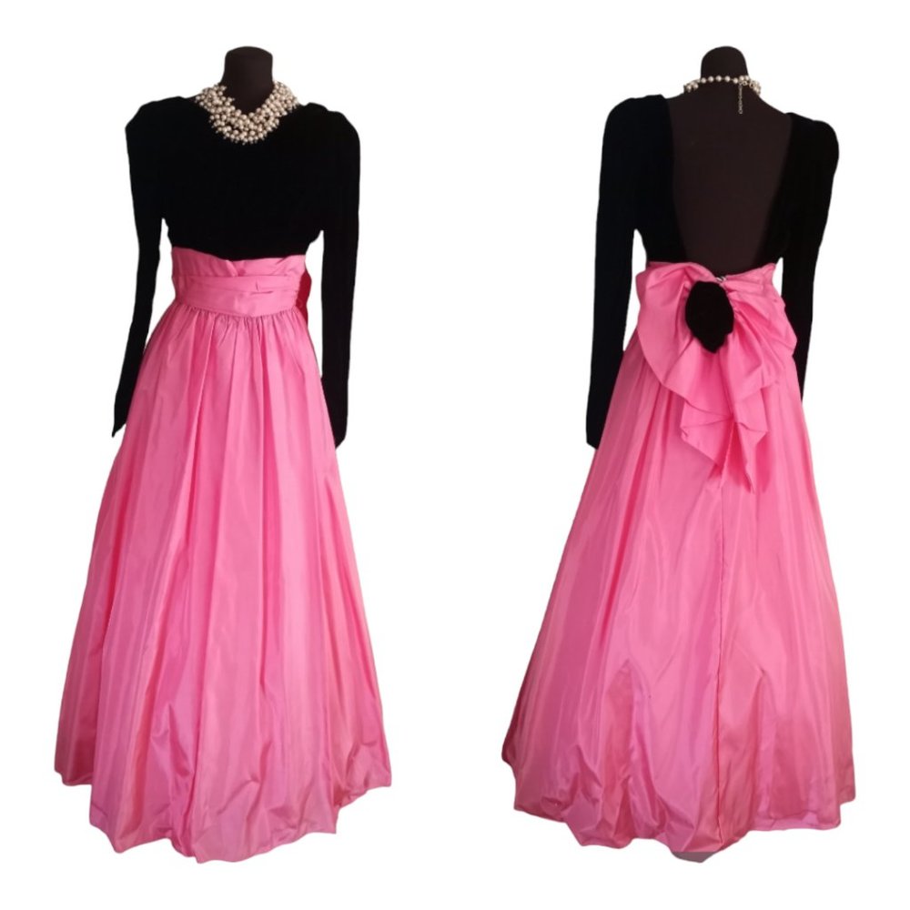 Vintage 80's Prom Gown Black Velvet Bubblegum Pink Maxi Dress Formal NOS